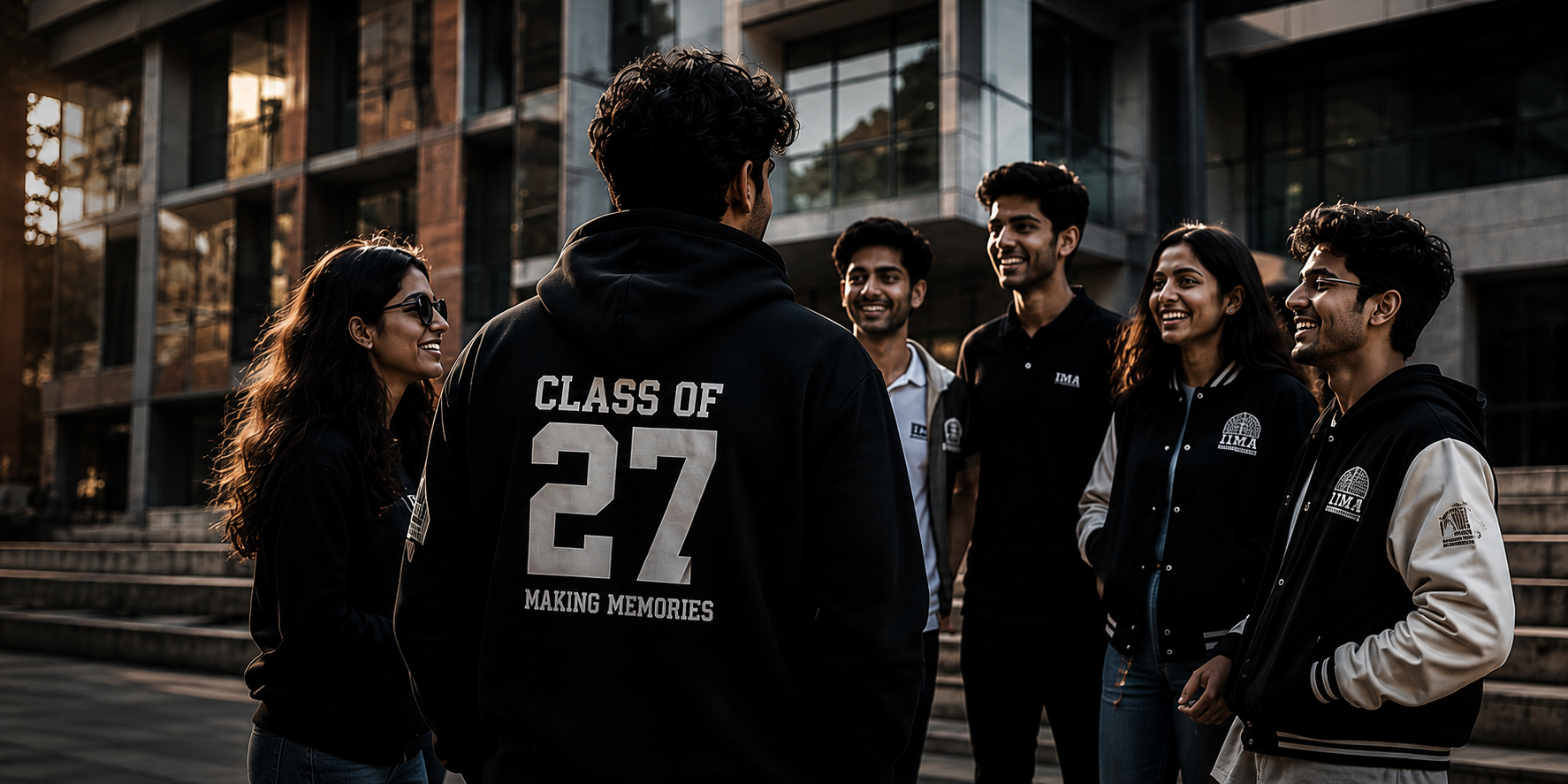 Students from IIM Ahmedabad wearing Campus Drop hoodies and varsity jackets